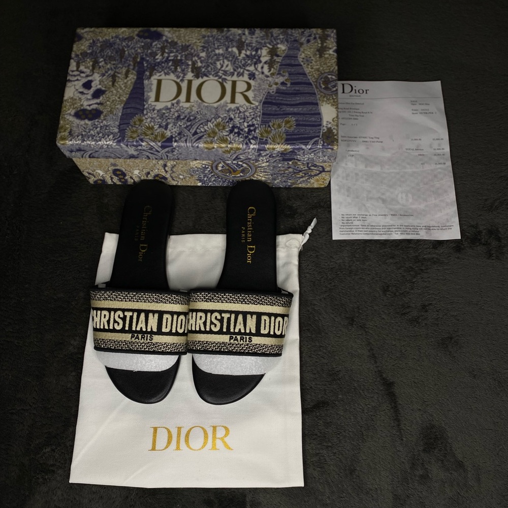 Christian Dior Dway Heeled Slide Sandal Deep Blue Embroidered Cotton Size 8 1/2